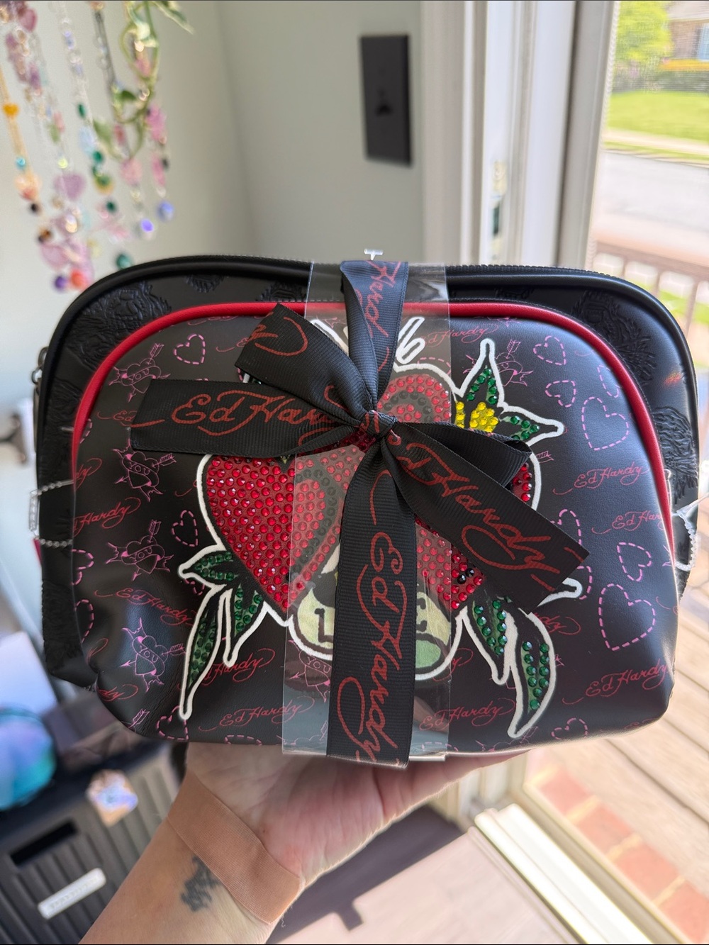 NWT Ed Hardy Black Red Heart Studded Cosmetic Case Set